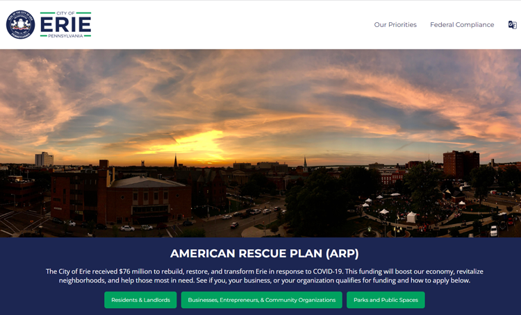 Screenshot of American Rescue Plan (ARP) Erie PA Webpage