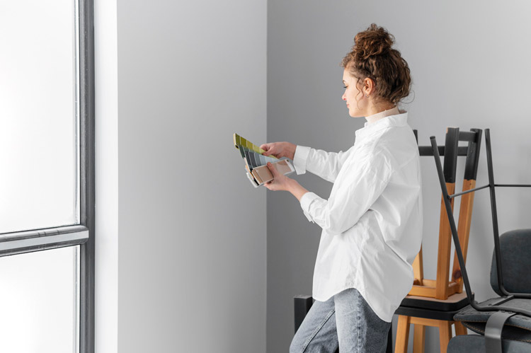 Woman selecting paint color for home office walls